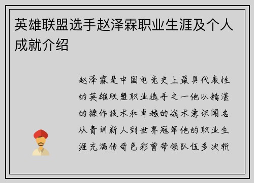 英雄联盟选手赵泽霖职业生涯及个人成就介绍