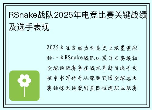RSnake战队2025年电竞比赛关键战绩及选手表现