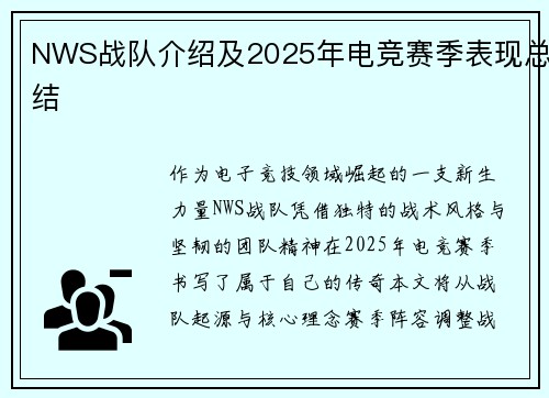 NWS战队介绍及2025年电竞赛季表现总结